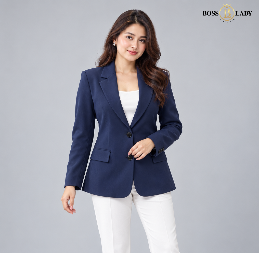 Classic Tailored Two-Button Navy Blue Blazer