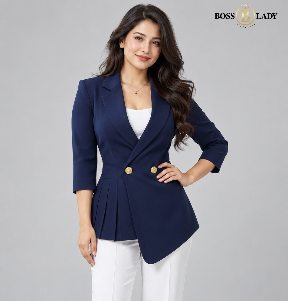 Navy Blue Double-Breasted Longline Blazer
