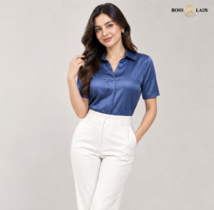 00 HALF 1 Blue Satin Collared Half Silk Shirt