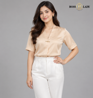 Cream Short-Sleeve Shawl-Collar Silk Formal Shirt