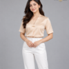 Cream Short-Sleeve Shawl-Collar Silk Formal Shirt