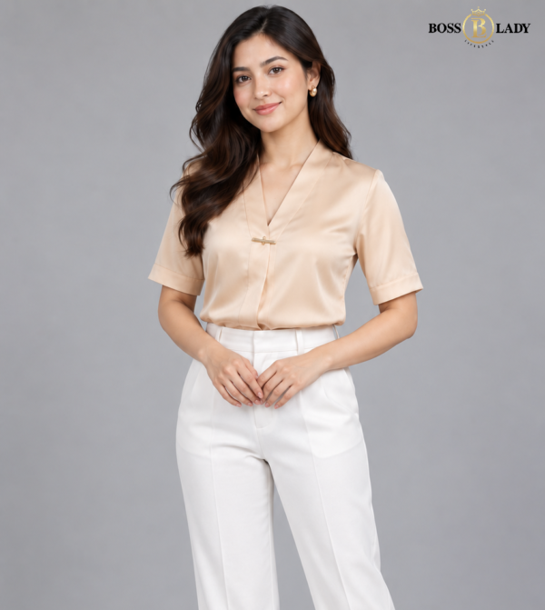 Cream Short-Sleeve Shawl-Collar Silk Formal Shirt