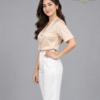 Cream Short-Sleeve Shawl-Collar Silk Formal Shirt