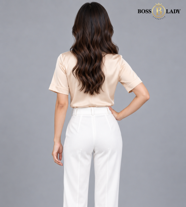 Cream Short-Sleeve Shawl-Collar Silk Formal Shirt