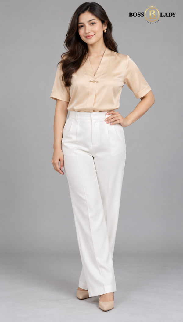 Cream Short-Sleeve Shawl-Collar Silk Formal Shirt
