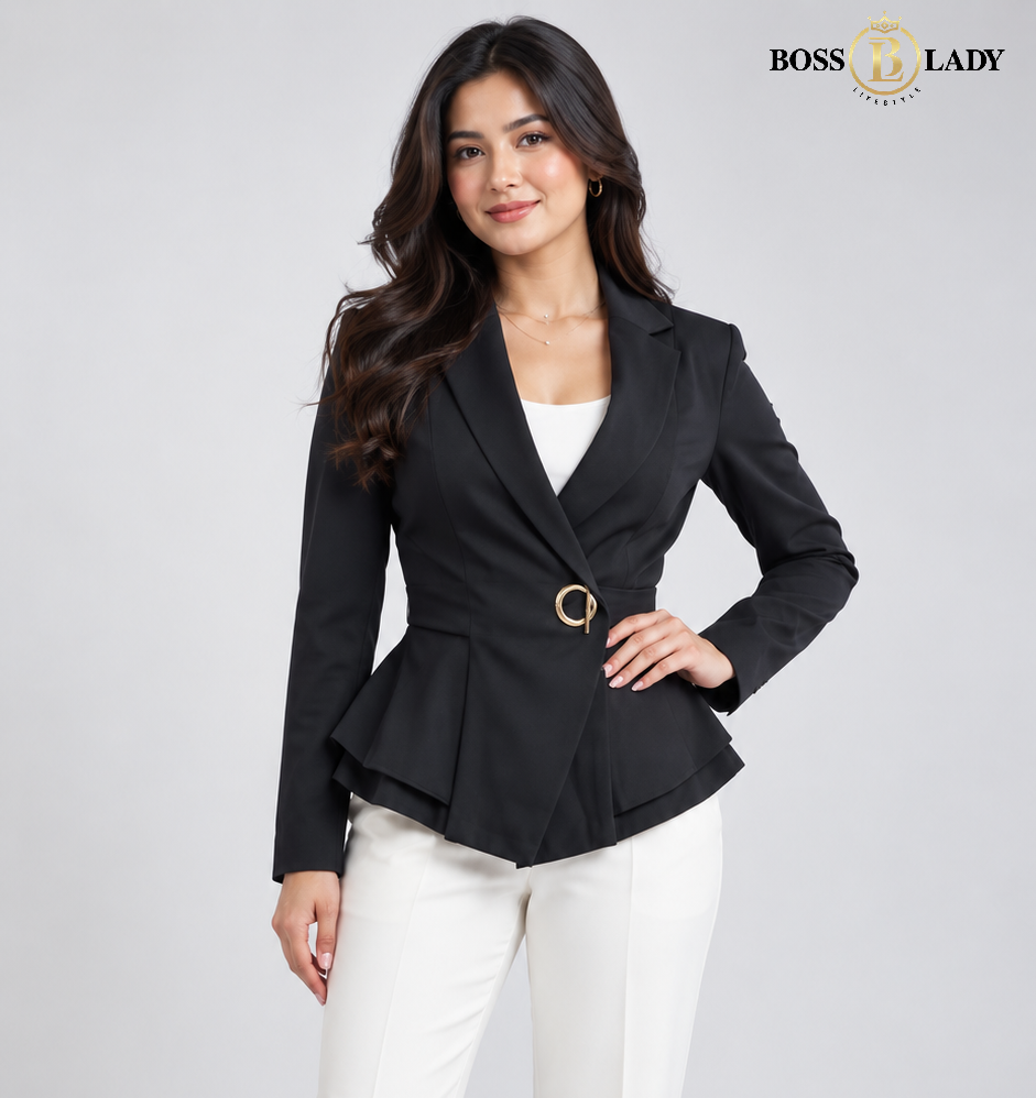 Black Single-Buckle Belted Peplum Full Blazer
