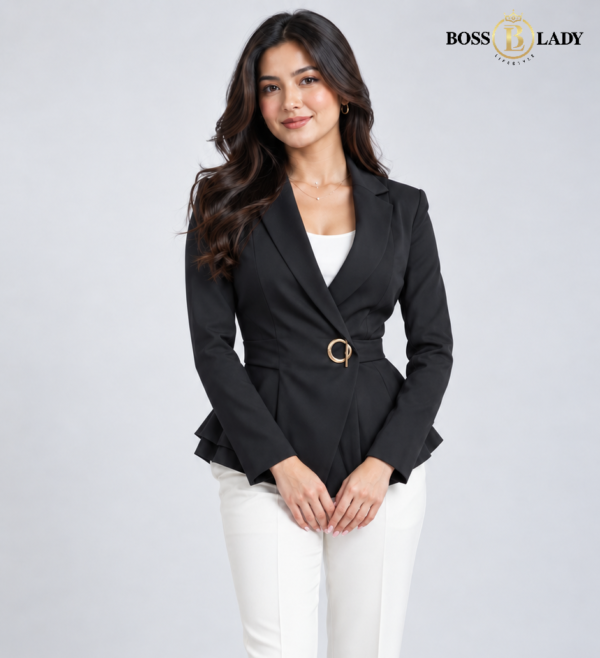 Black Single-Buckle Belted Peplum Full Blazer