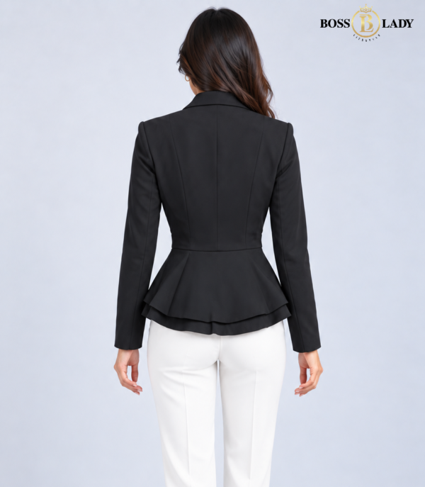 Black Single-Buckle Belted Peplum Full Blazer