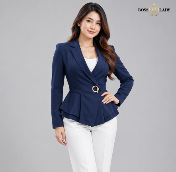 Blue Single-Buckle Belted Peplum Full Blazer