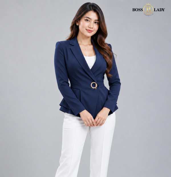 Blue Single-Buckle Belted Peplum Full Blazer