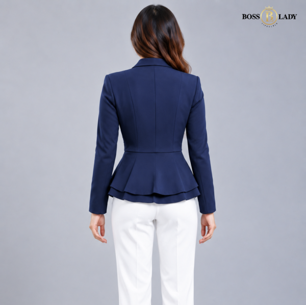 Blue Single-Buckle Belted Peplum Full Blazer