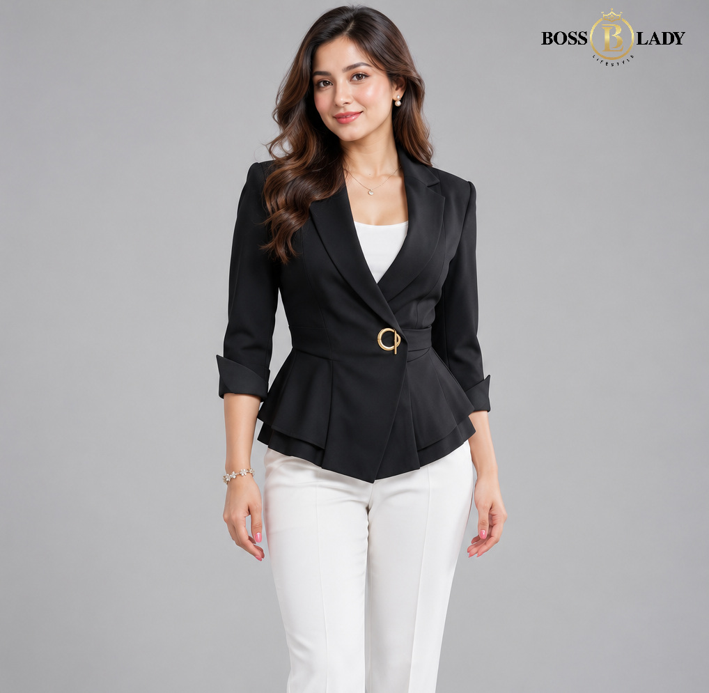 Black Single-Buckle Belted Peplum Quarter Blazer