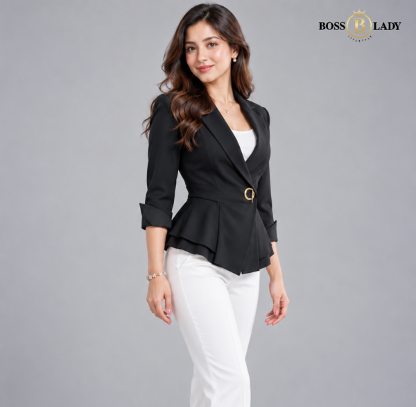 Black Single-Buckle Belted Peplum Quarter Blazer