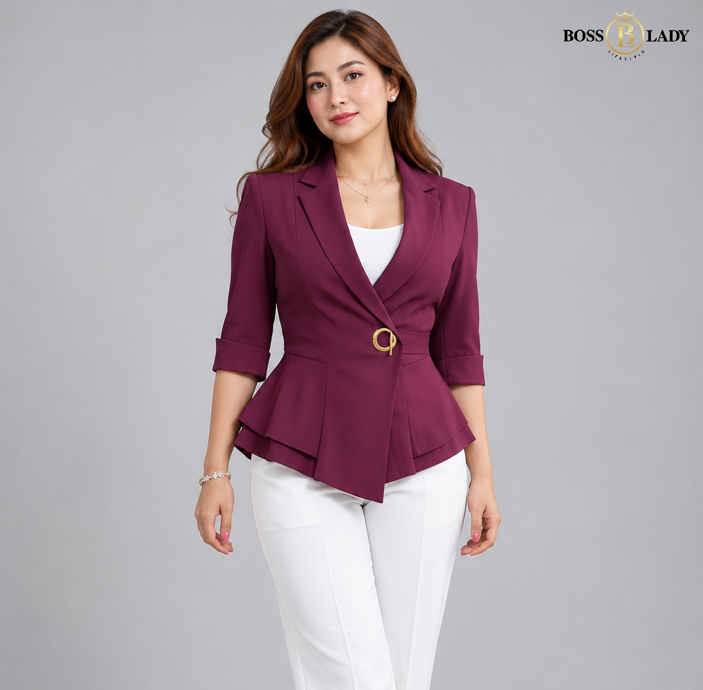 Purple Single-Buckle Belted Peplum Quarter Blazer