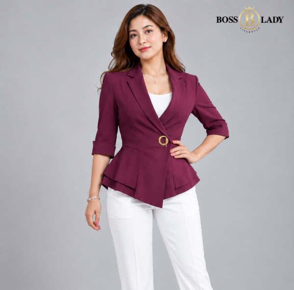 00 PP HPR 2 Purple Single-Buckle Belted Peplum Quarter Blazer