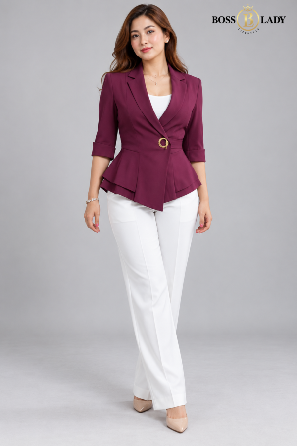 00 PP HPR 5 Purple Single-Buckle Belted Peplum Quarter Blazer