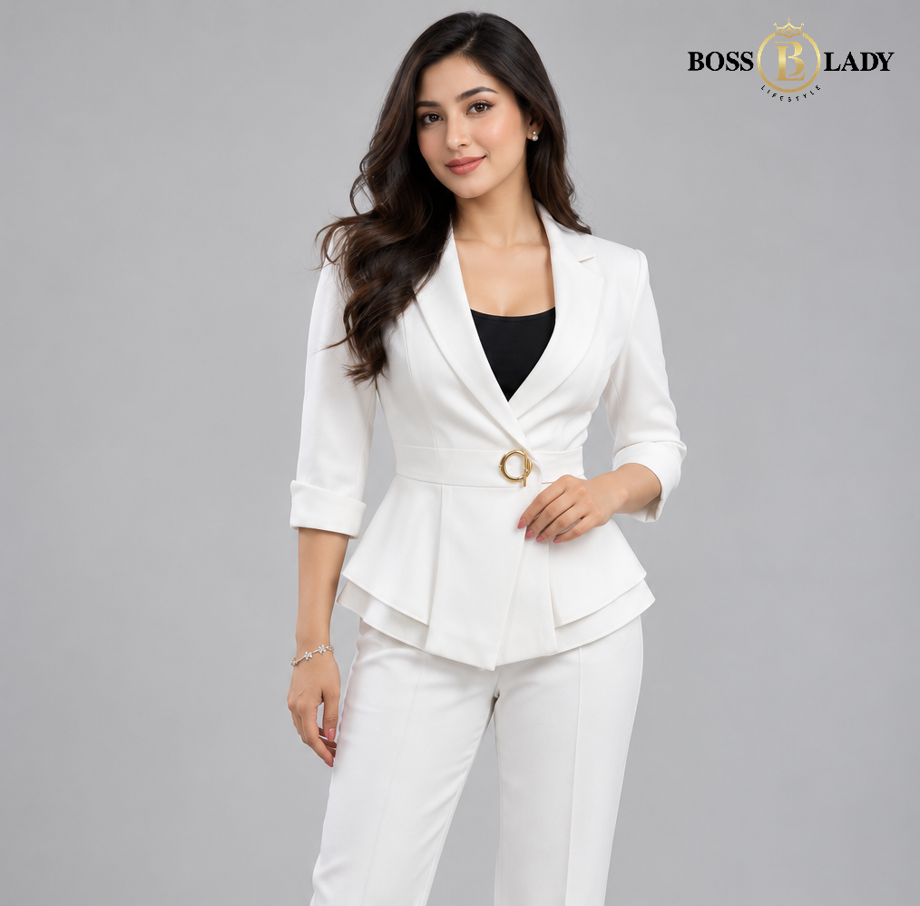White Single-Buckle Belted Peplum Quarter Blazer