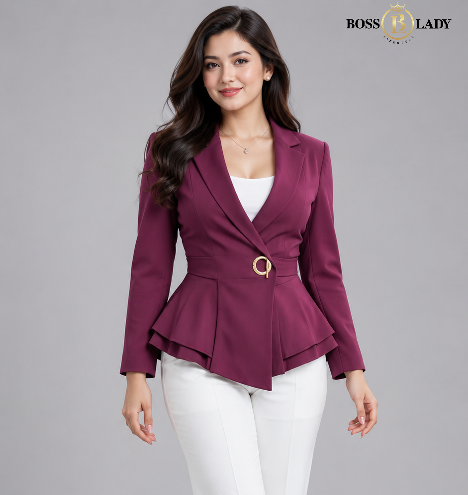 Purple Single-Buckle Belted Peplum Full Blazer