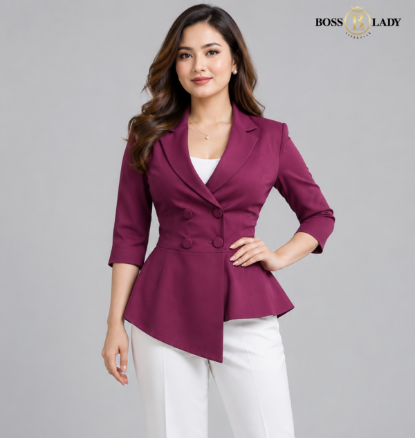 Wine Asymmetric Double-Breasted Peplum Full Blazer