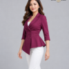 Wine Asymmetric Double-Breasted Peplum Full Blazer