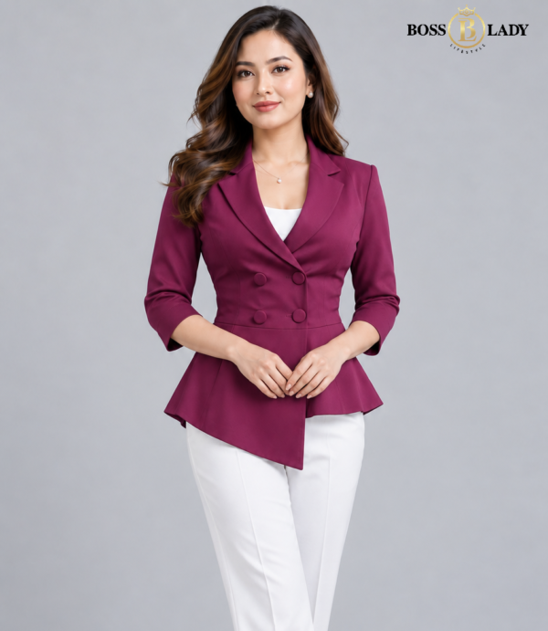 Wine Asymmetric Double-Breasted Peplum Full Blazer
