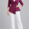 Wine Asymmetric Double-Breasted Peplum Full Blazer