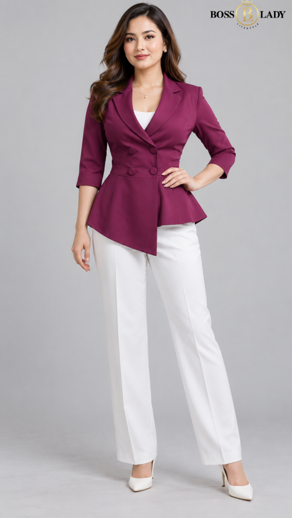 Wine Asymmetric Double-Breasted Peplum Full Blazer