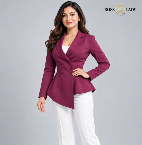 Wine Asymmetric Double-Breasted Peplum Full Blazer