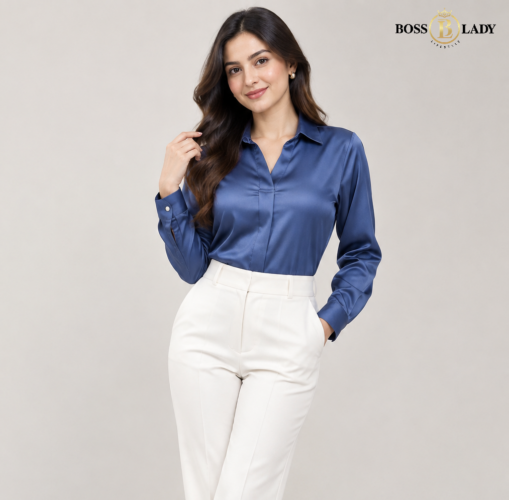 Blue Satin Collared Full Silk Shirt