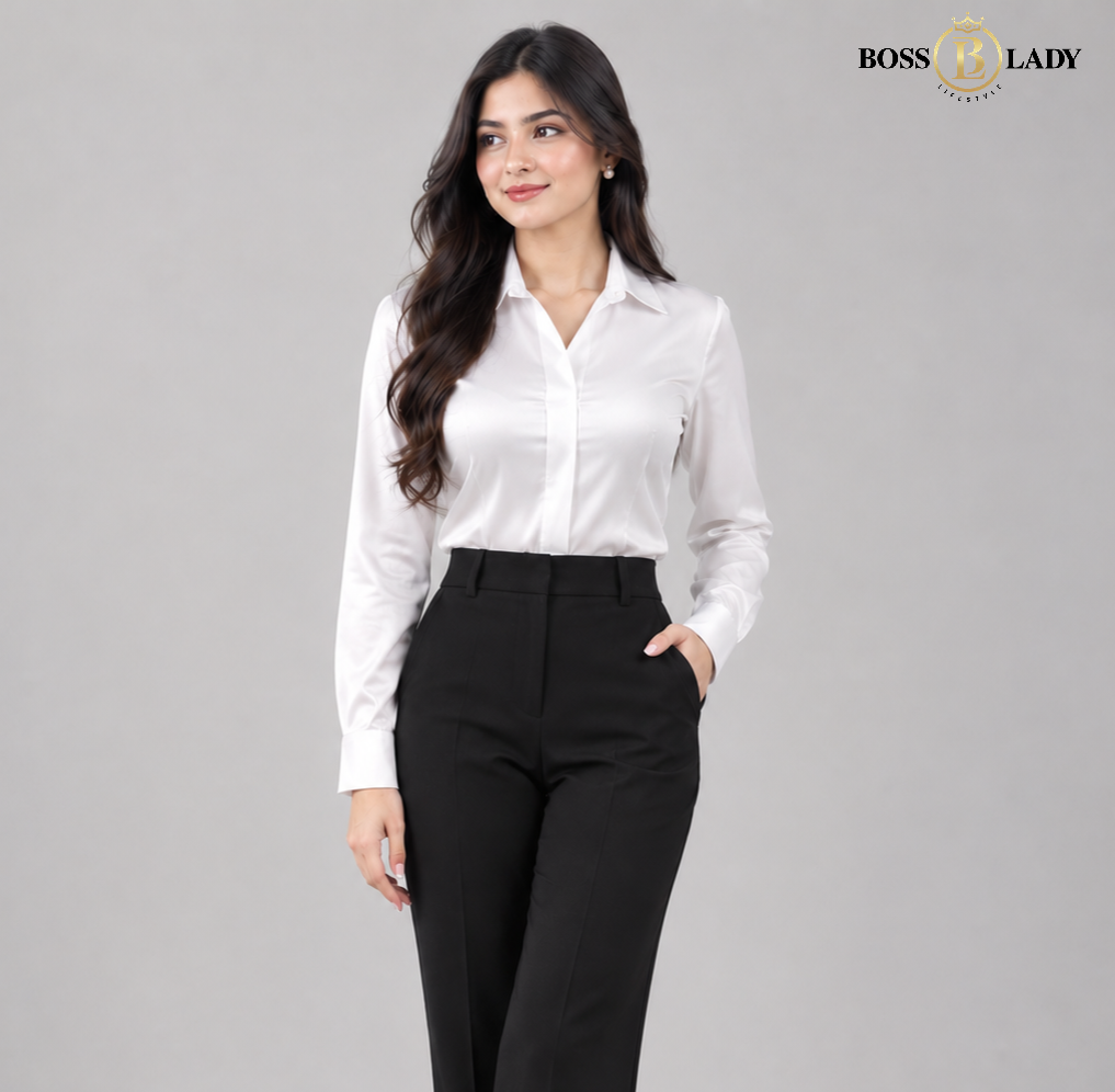 White Satin Collared Full Silk Shirt