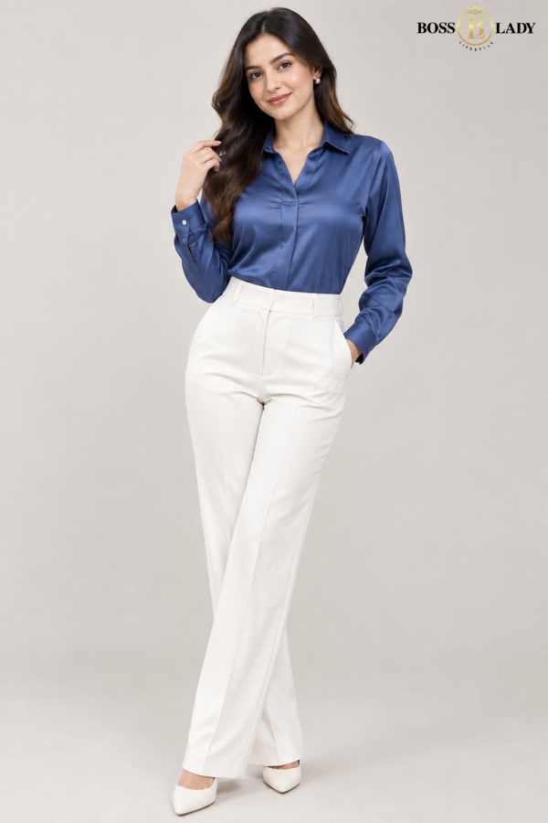 00 SLIKB 5 Blue Satin Collared Full Silk Shirt