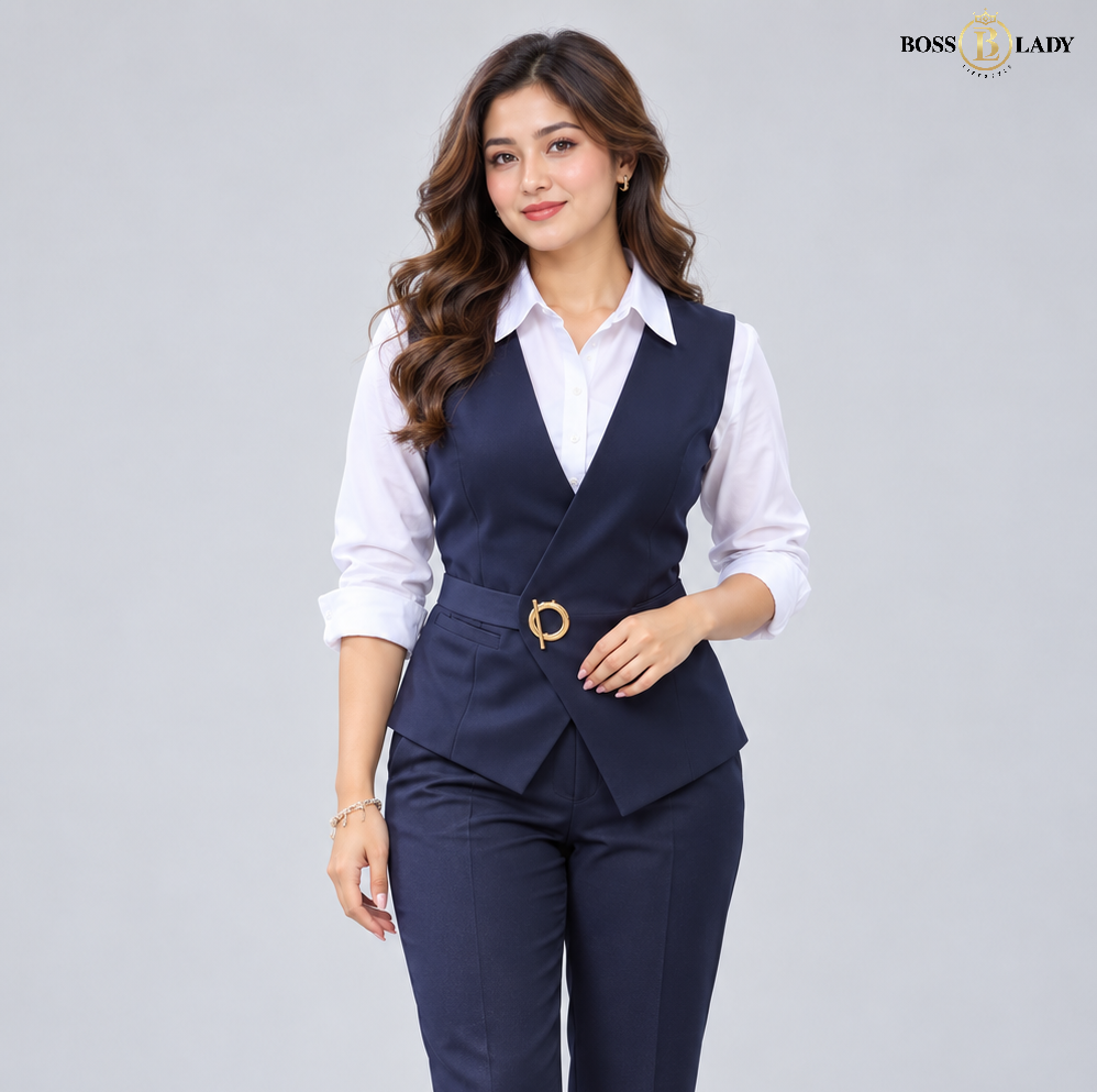 Navy-Blue Belted Wrap Waistcoat