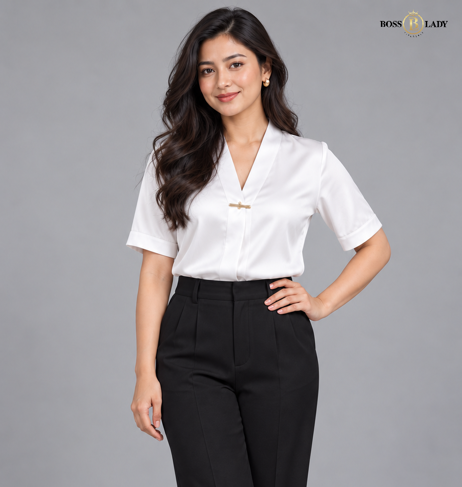White Short-Sleeve Shawl-Collar Silk Formal Shirt