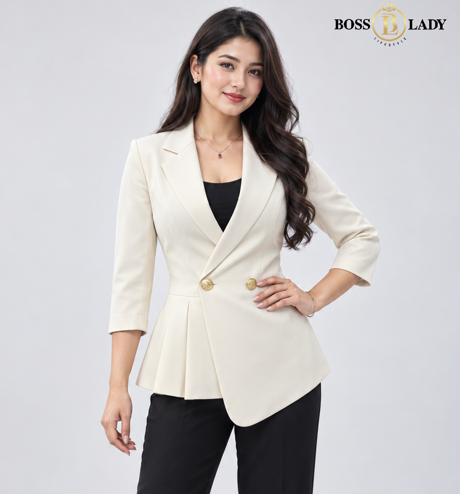 Cream Double-Breasted Longline Blazer