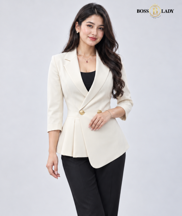 Cream Double-Breasted Longline Blazer