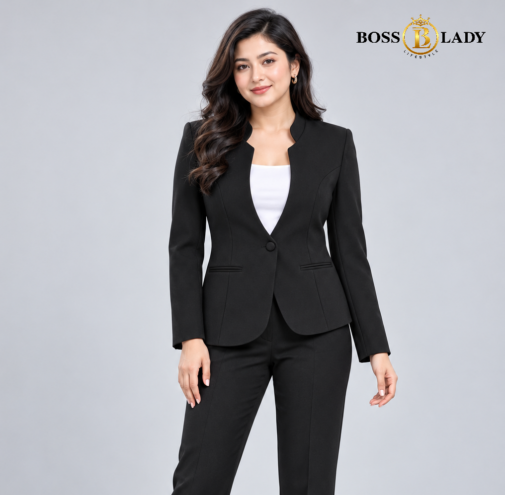 Black Stand-Collar Formal Blazer