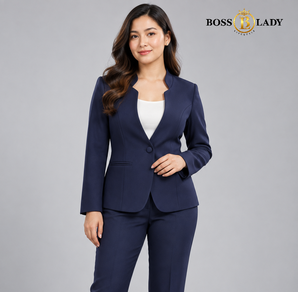 Deep Navy Stand-Collar Formal Blazer
