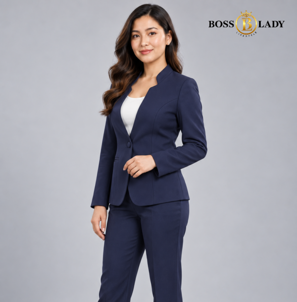 Deep Navy Stand-Collar Formal Blazer
