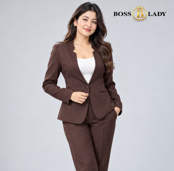 Coffee Brown Stand-Collar Formal Blazer