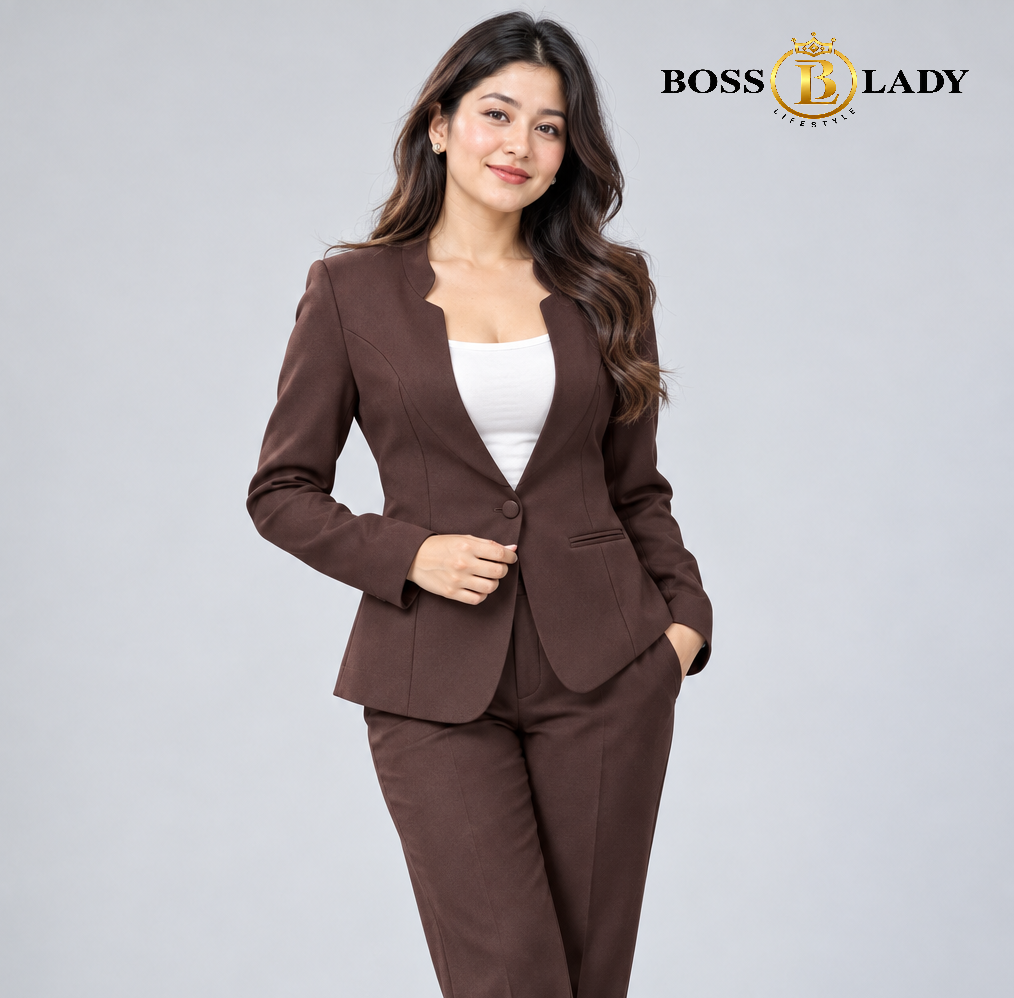Coffee Brown Stand-Collar Formal Blazer