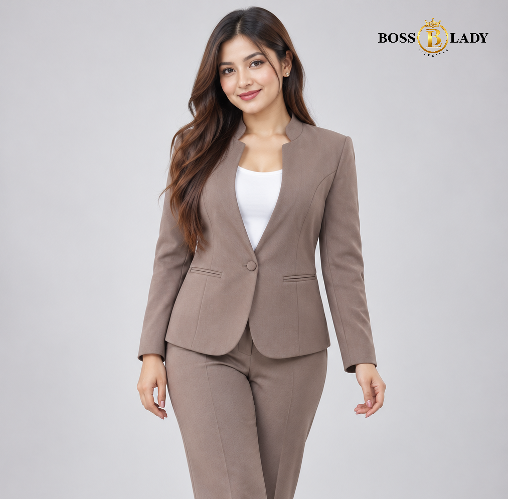 Dusty Brown Stand-Collar Formal Blazer