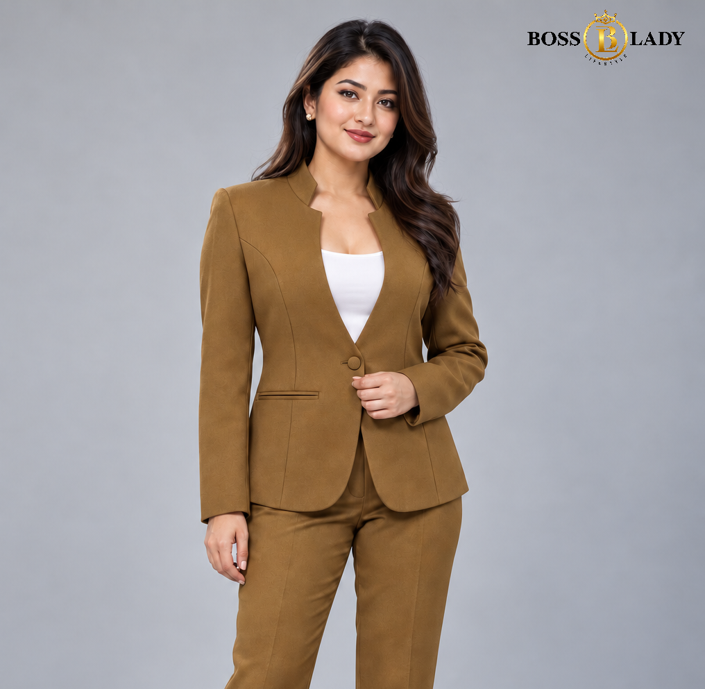Golden Brown Stand-Collar Formal Blazer