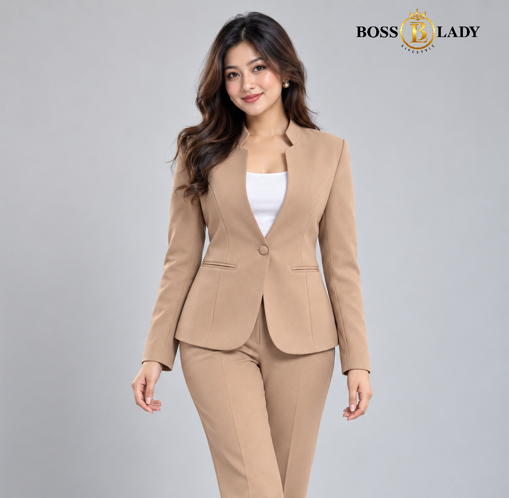 Camel Stand-Collar Formal Blazer