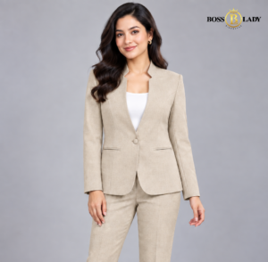 Textured Beige Stand-Collar Formal Blazer