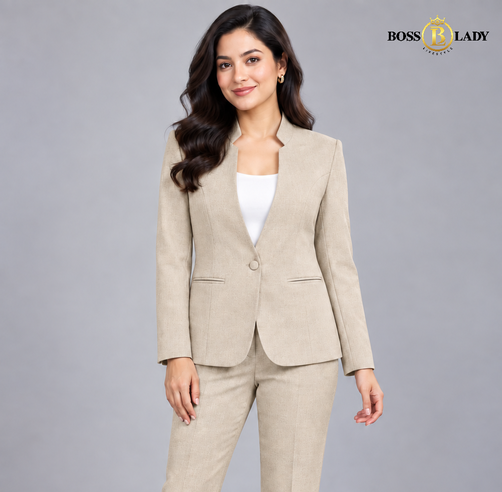 Textured Beige Stand-Collar Formal Blazer