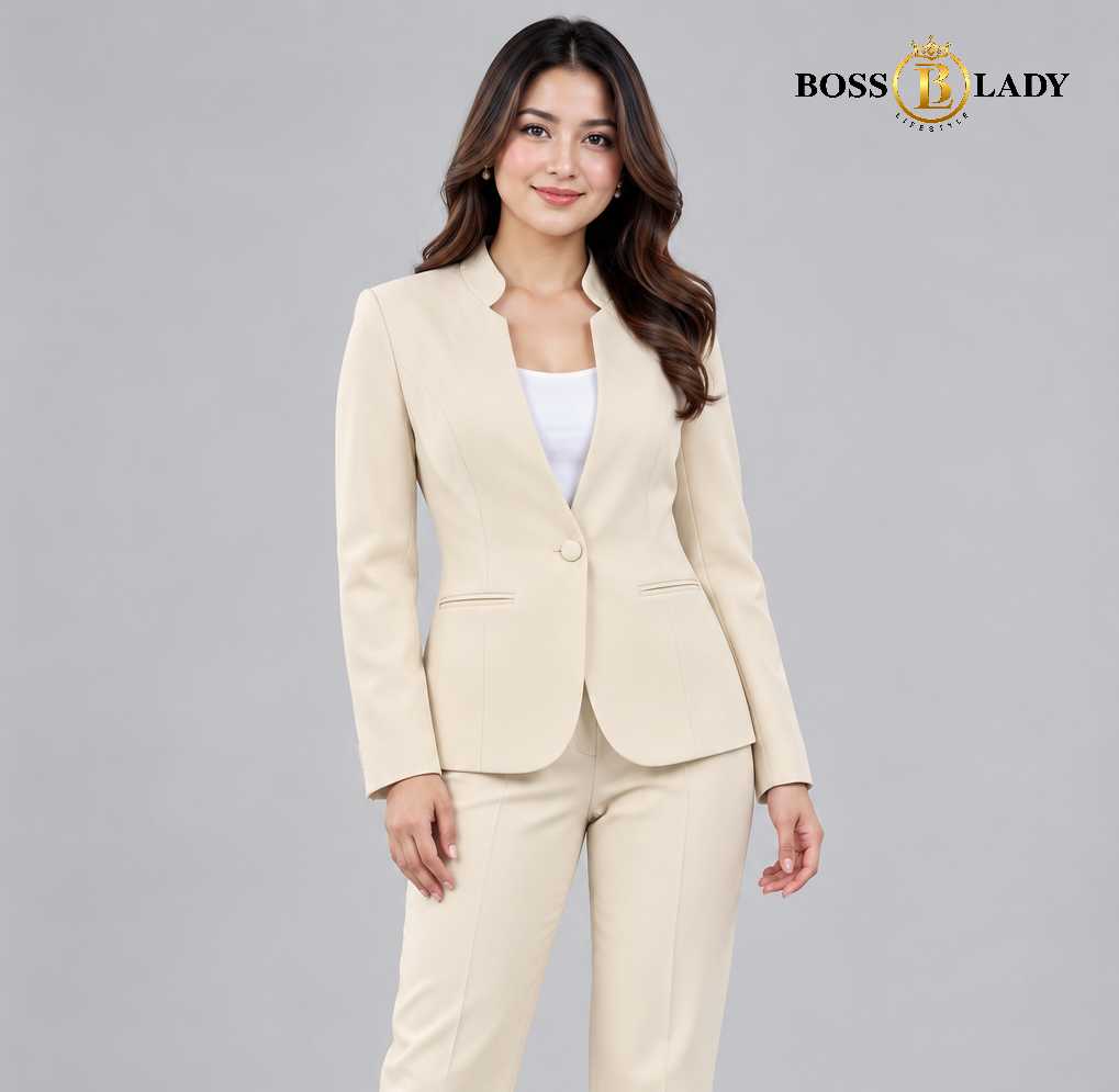 Cream Stand-Collar Formal Blazer
