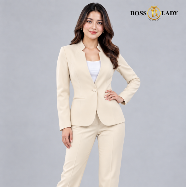 Cream Stand-Collar Formal Blazer
