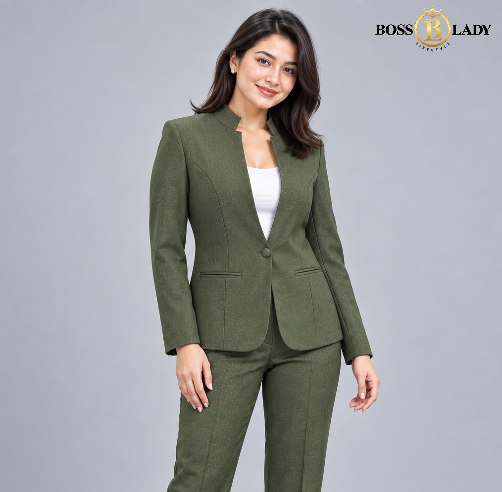 Olive Green Stand-Collar Formal Blazer