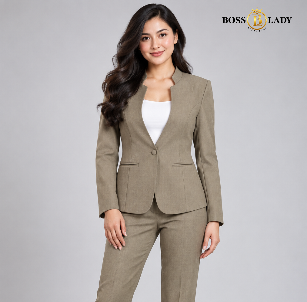 Khaki Stand-Collar Formal Blazer