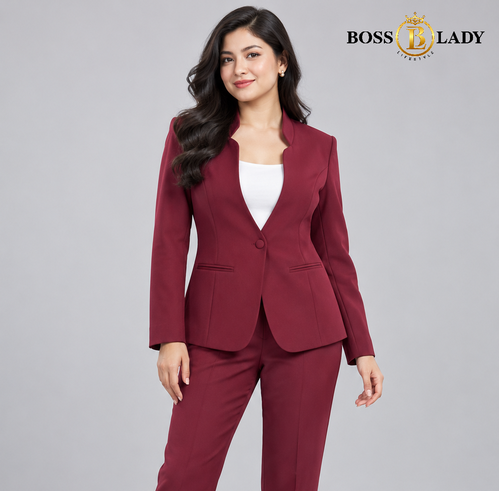 Maroon Stand-Collar Formal Blazer